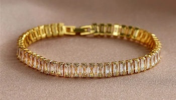 Damen Gold Rechteckige Edelstahl Cubic Zirconia Verstellbare Kettenarmbänder | Shop Nory