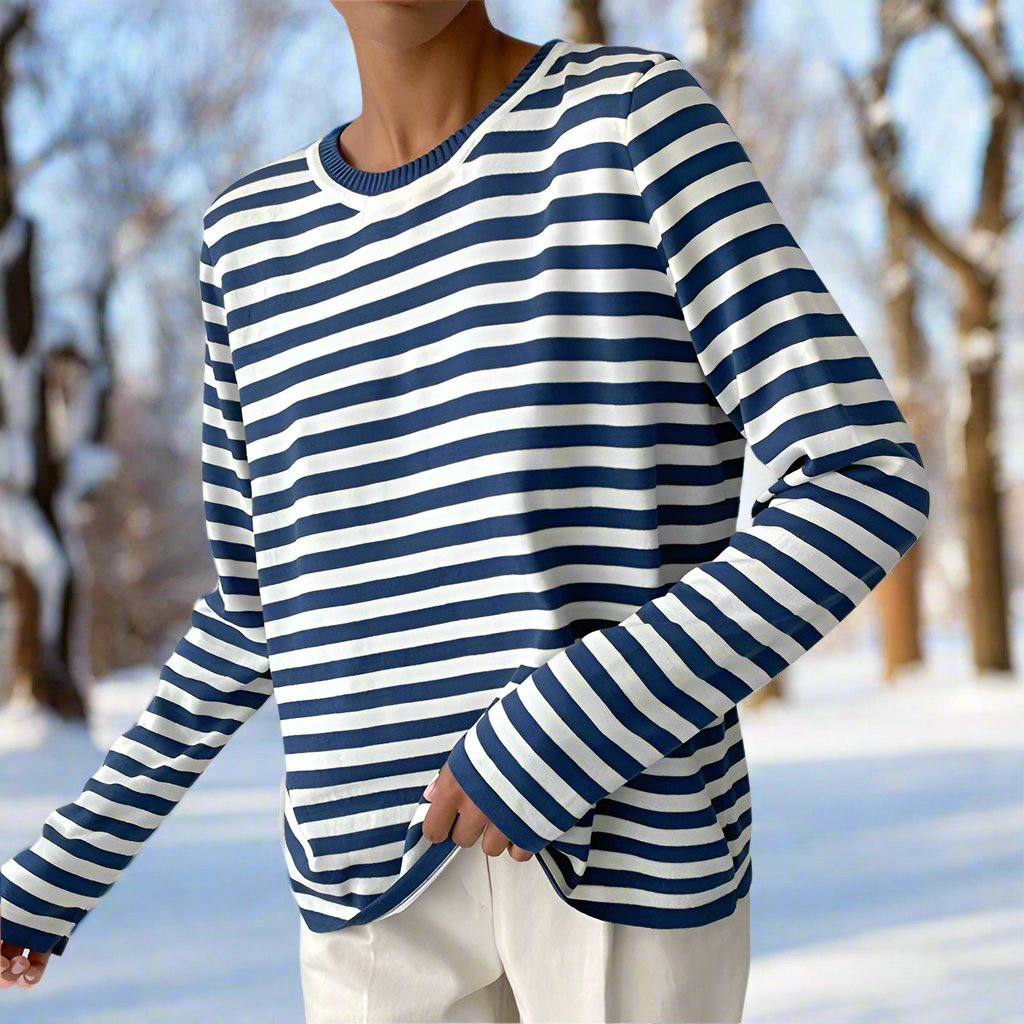 Langarm-T-Shirt Gestreift Rundhals Relaxed Fit Atmungsaktive Baumwolle