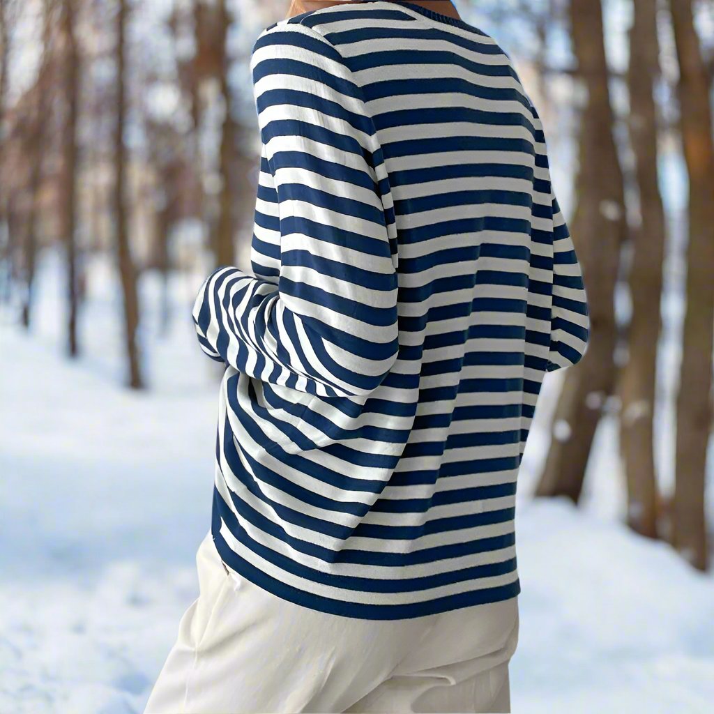Langarm-T-Shirt Gestreift Rundhals Relaxed Fit Atmungsaktive Baumwolle