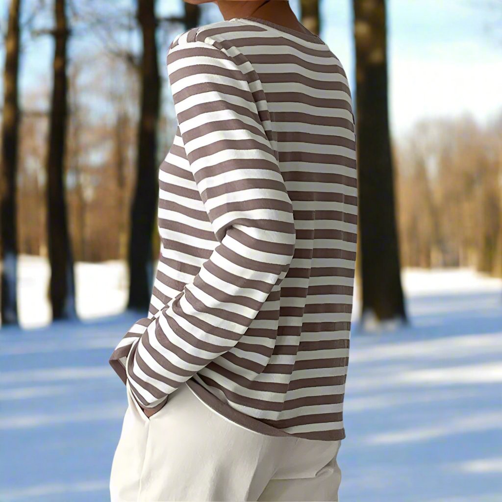 Langarm-T-Shirt Gestreift Rundhals Relaxed Fit Atmungsaktive Baumwolle