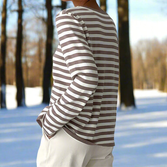 Langarm-T-Shirt Gestreift Rundhals Relaxed Fit Atmungsaktive Baumwolle