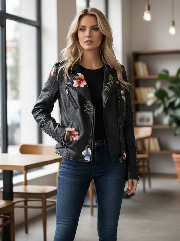 Damenlederjacke mit Eleganten und Schicken Bestickten Blumen