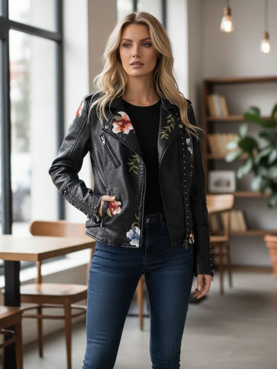 Damenlederjacke mit Eleganten und Schicken Bestickten Blumen