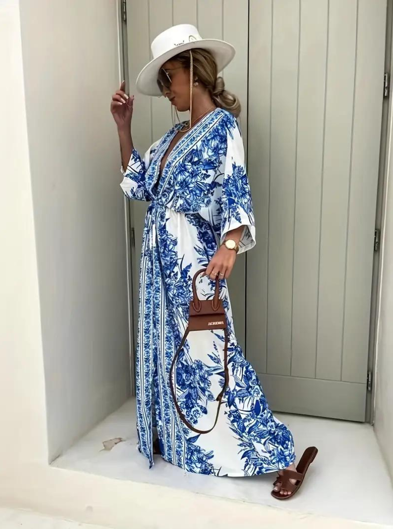 Halbarm V-Ausschnitt Sommerkleid Langes Kleid