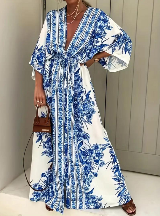 Halbarm V-Ausschnitt Sommerkleid Langes Kleid