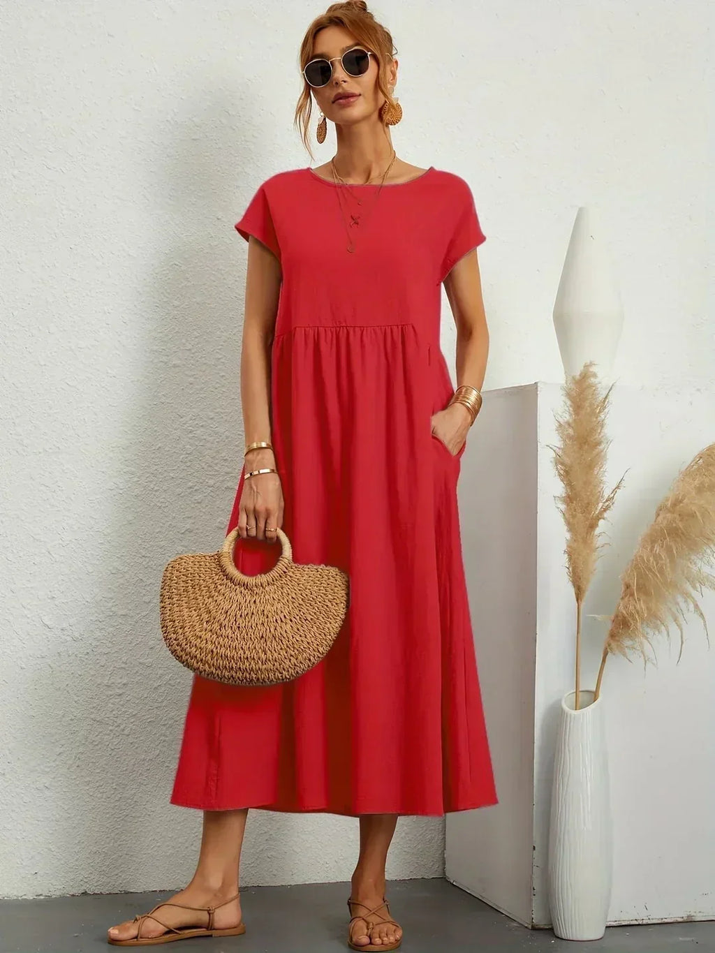 Casual Elegant Baumwolle und Leinenkleid