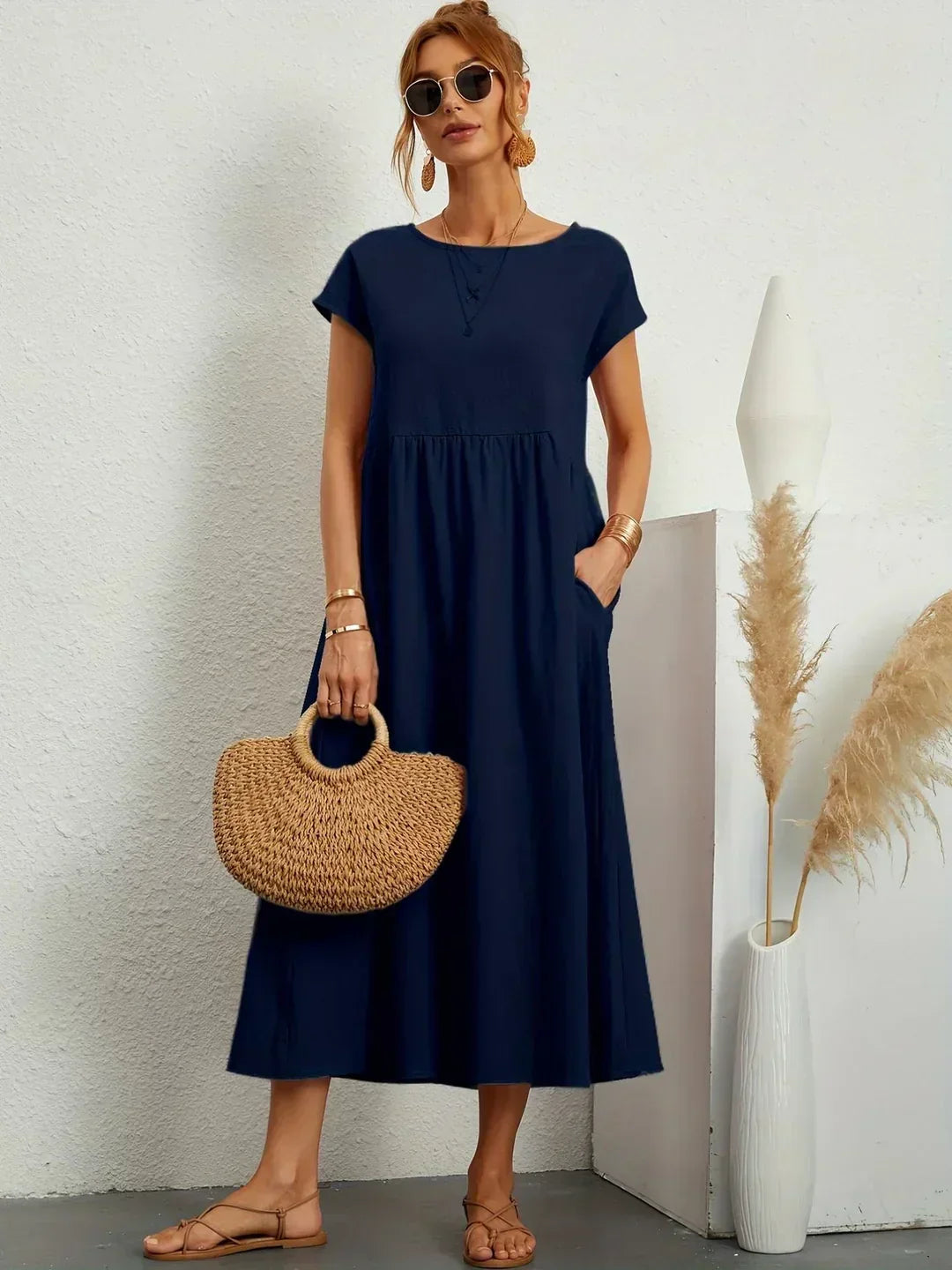 Casual Elegant Baumwolle und Leinenkleid