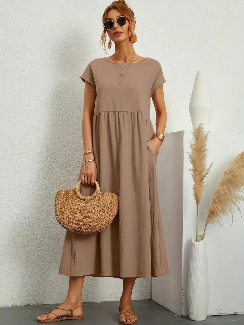 Casual Elegant Baumwolle und Leinenkleid
