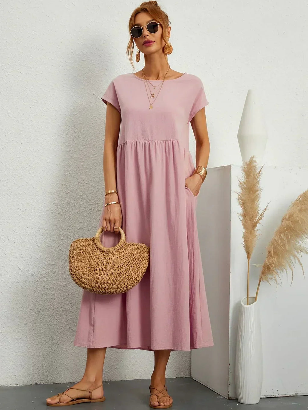 Casual Elegant Baumwolle und Leinenkleid