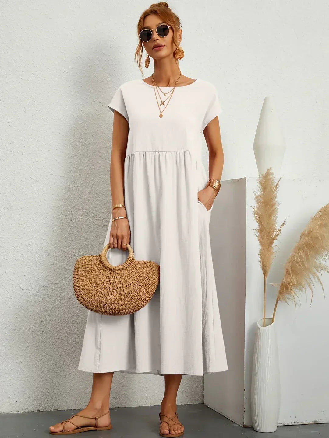Casual Elegant Baumwolle und Leinenkleid