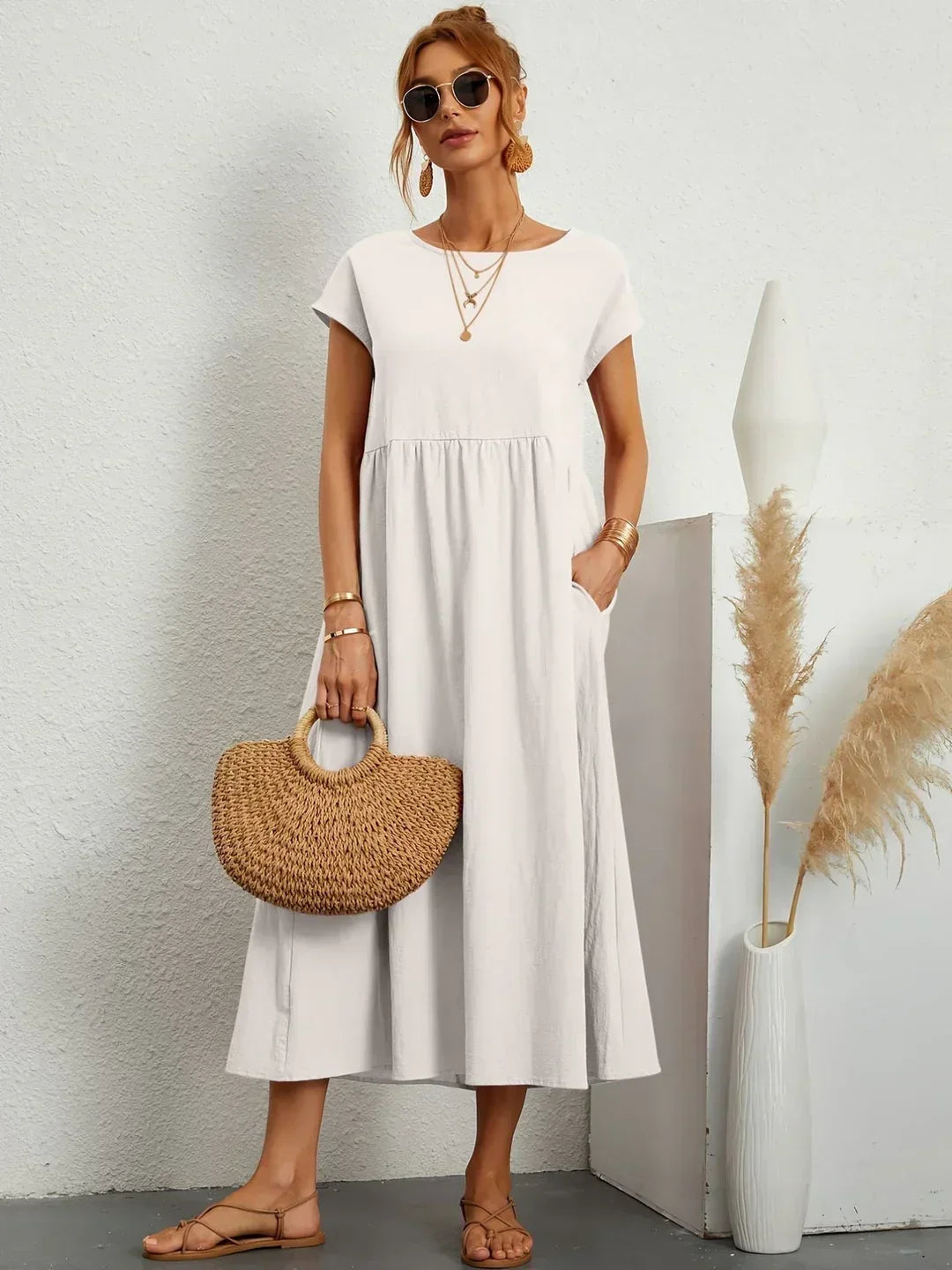 Casual Elegant Baumwolle und Leinenkleid