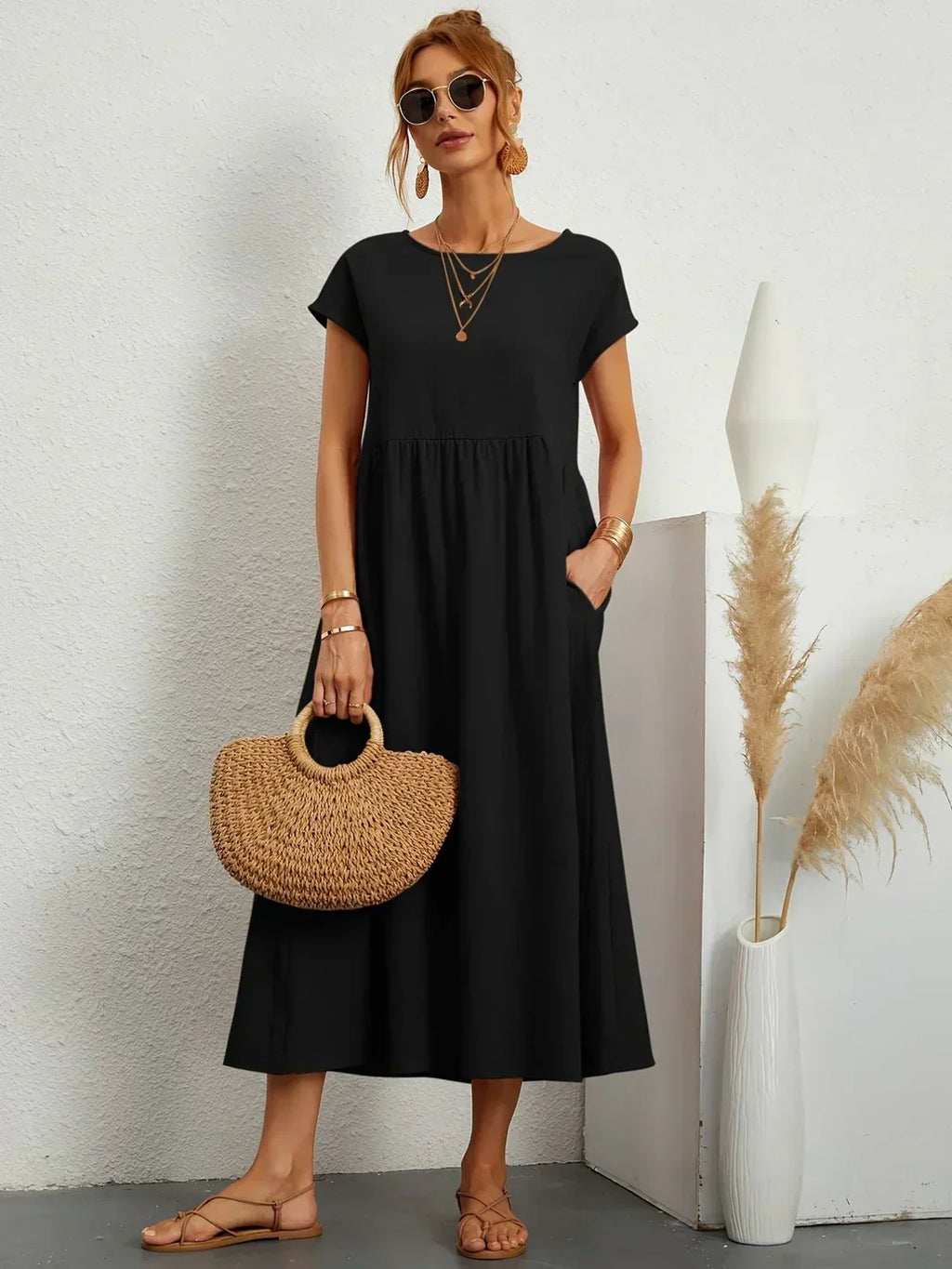 Casual Elegant Baumwolle und Leinenkleid