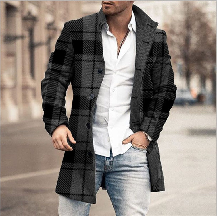 Herren Wollmantel mit Karomuster und klarer Silhouette