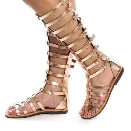 Damen Kniehohe Römersandalen mit mehreren Schnallen und flacher Komfortsohle Shop Nory