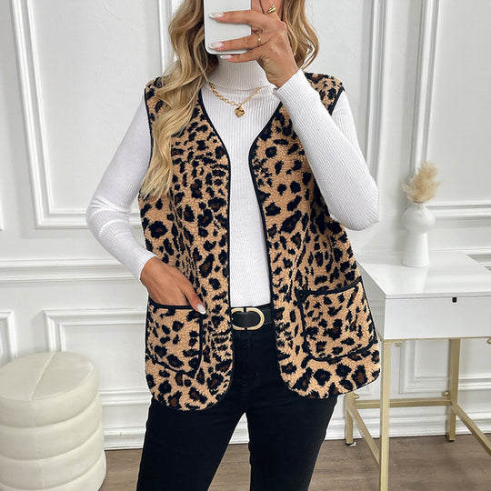 Damen Gefütterte Teddy‑Weste mit Leopardenmuster und aufgesetzten Taschen Shop Nory