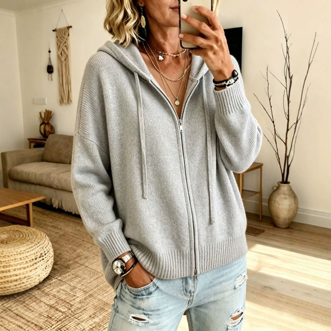Damen Grobgestrickter Zip‑Hoodie‑Cardigan mit Oversize‑Passform und gerippten Bündchen Shop Nory