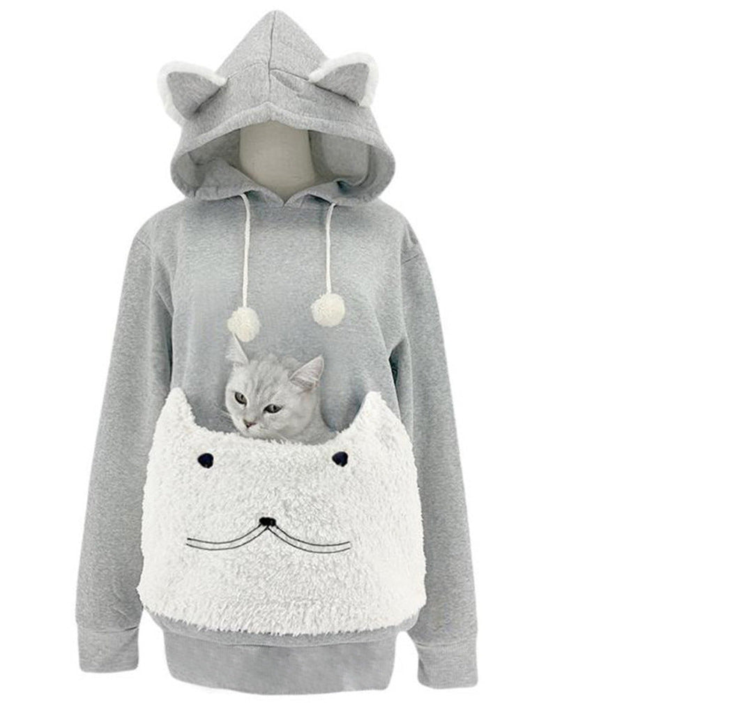 Damen Kuscheliger Kapuzenpullover mit Katzenmotiv und praktischer Känguru-Tasche