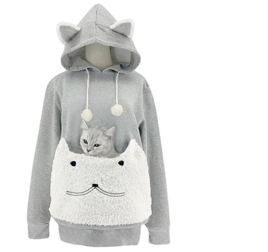 Damen Kuscheliger Kapuzenpullover mit Katzenmotiv und praktischer Känguru-Tasche