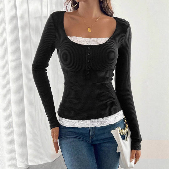 Damen Figurbetontes Rippenstrick-Top mit U‑Ausschnitt und Knopfleiste Shop Nory