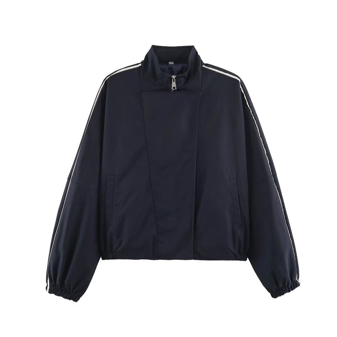 Damen Oversize Bomberjacke im Blouson‑Stil mit hohem Stehkragen, verdecktem Reißverschluss und Kontrastpaspel Shop Nory