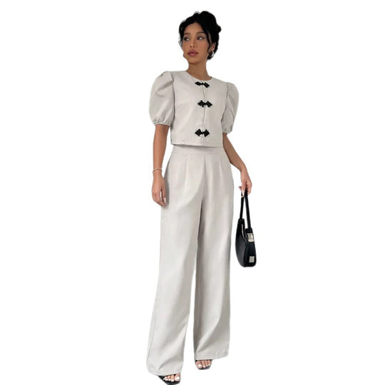 Damen Zweiteiliges Tailoring-Set mit Kurzjacke, Puffärmeln und hochgeschnittener Weithose Shop Nory