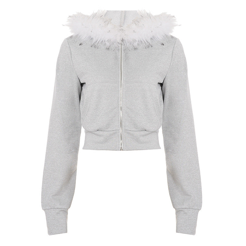 Damen nan kurz geschnittene Kapuzenjacke mit Kunstfellkapuze, Reißverschluss und tailliertem Bündchen Shop Nory