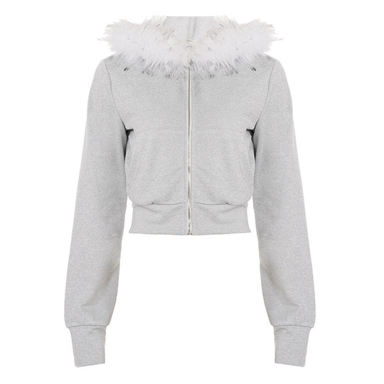Damen nan kurz geschnittene Kapuzenjacke mit Kunstfellkapuze, Reißverschluss und tailliertem Bündchen Shop Nory