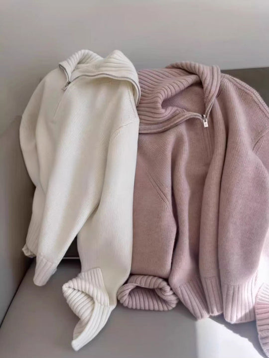Damen Oversize Feinstrickpullover mit halbem Reißverschluss und weitem Rollkragen Shop Nory