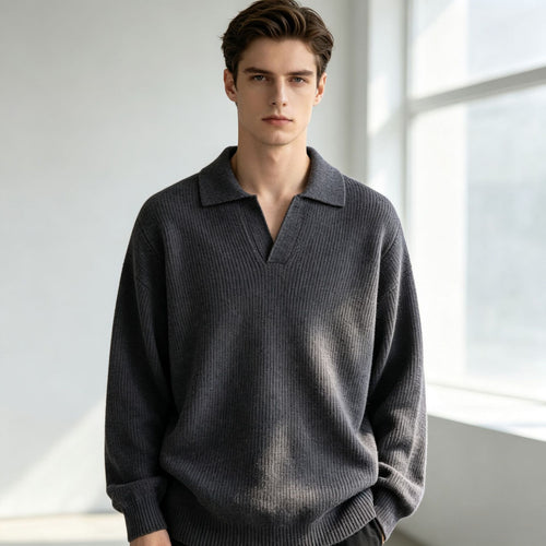 Damen Oversized Polokragen-Feinstrickpullover mit kurzem Schlitz und Zierknopf Shop Nory
