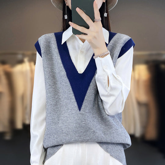 Damen Strukturiertes Feinstrick-Longvest mit tiefem V-Ausschnitt und kontrastierendem V-Paneel Shop Nory