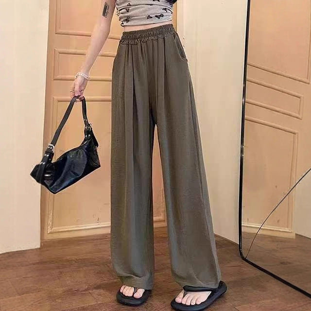 Damen Weite Leinenoptik-Palazzohose mit hoher Taille, Elastikbund und Eingrifftaschen Shop Nory