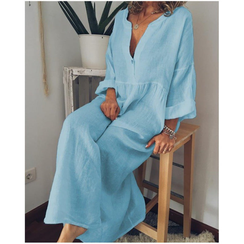 Damen Langes Leinen-Maxikleid mit V-Ausschnitt, geraffter Taille und 3/4-Ärmeln Shop Nory