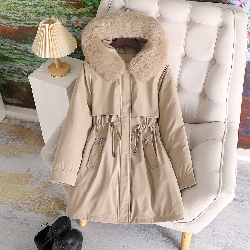Damen nan mittellanger wasserabweisender Parka mit voluminösem Kunstfellkragen, Taillenzug und multifunktionalen Pattentaschen Shop Nory