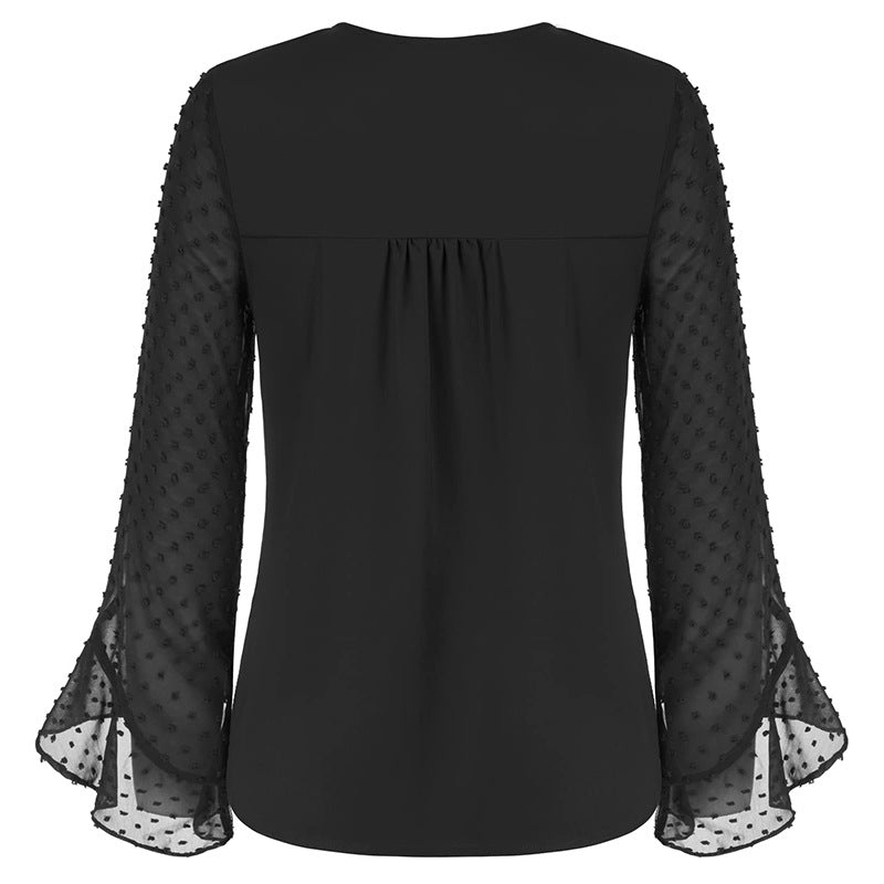 Damen Chiffonbluse mit V-Ausschnitt, gepunkteten Trompetenärmeln und asymmetrischem Saum Shop Nory