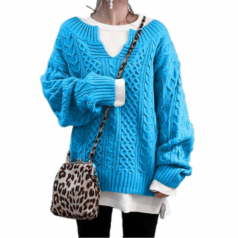 Damen nan weit geschnittener Strickpullover mit Zopfmuster und V-Ausschnitt Shop Nory