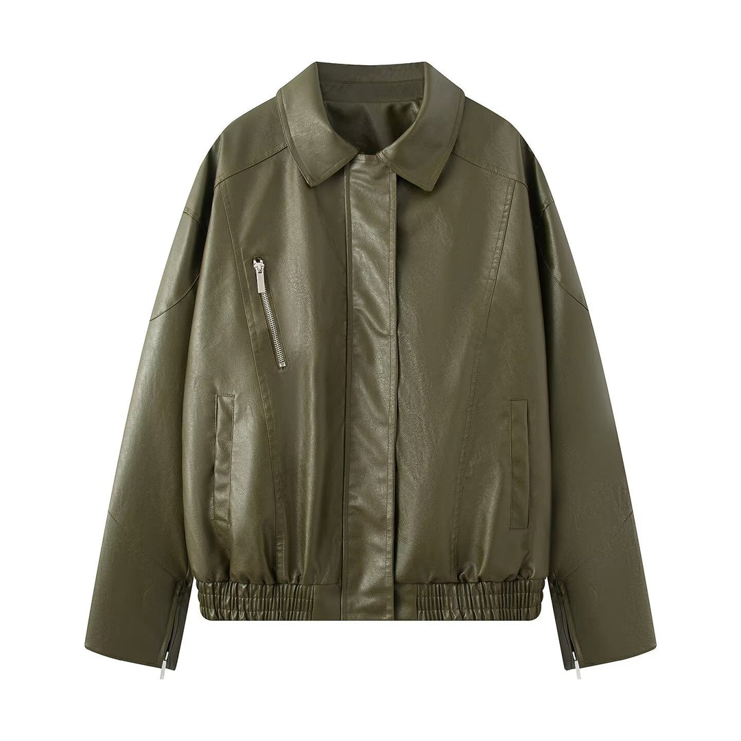 Damen Oversized Kunstleder-Bomberjacke mit elastischem Saum, verdeckter Druckknopfleiste und schräger Reißverschlusstasche Shop Nory
