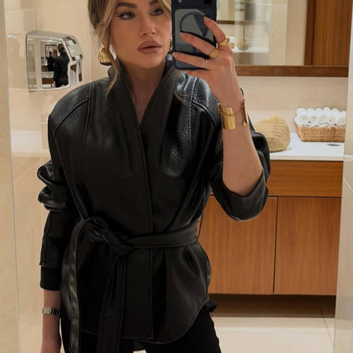 Damen Taillierte Lederjacke mit Wickelgürtel und Kimono-Kragen Shop Nory
