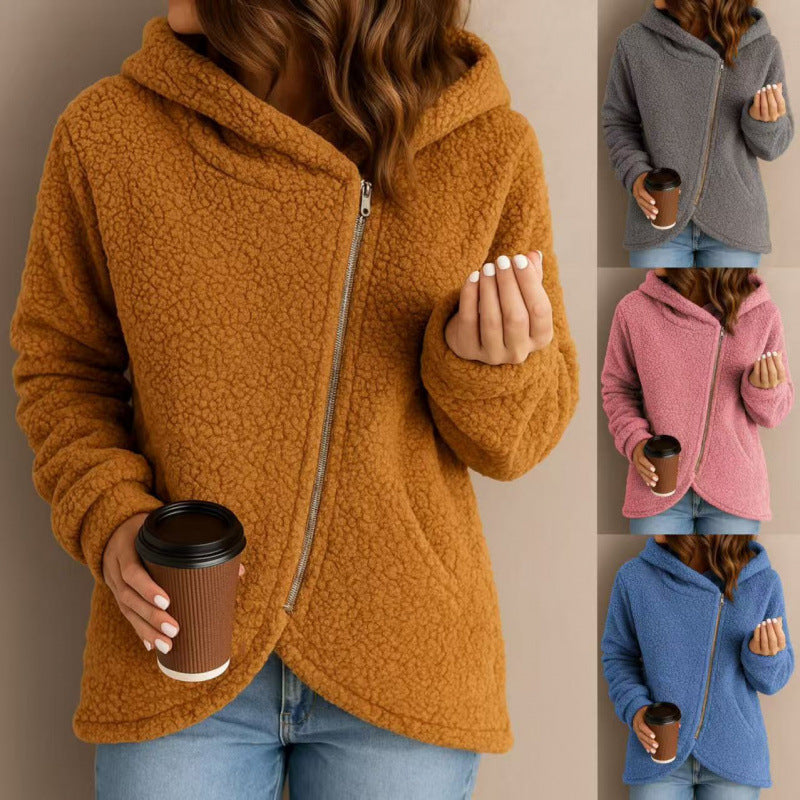Damen Teddy-Fleecejacke mit asymmetrischem Reißverschluss, Kapuze und gewelltem Saum Shop Nory