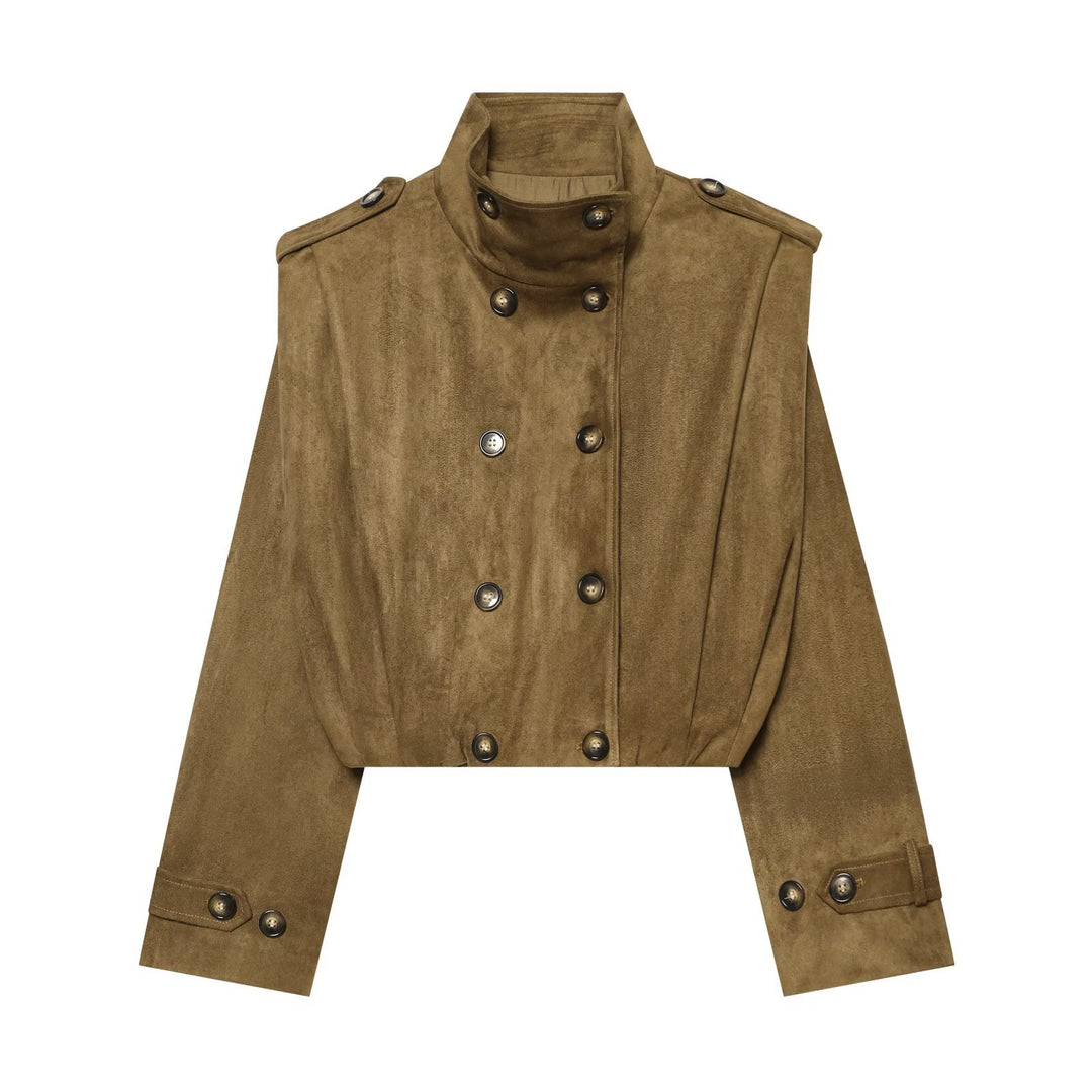 Damen Kurzgeschnittene doppelreihige Wildlederoptik‑Jacke mit Stehkragen und Schulterpatten Shop Nory