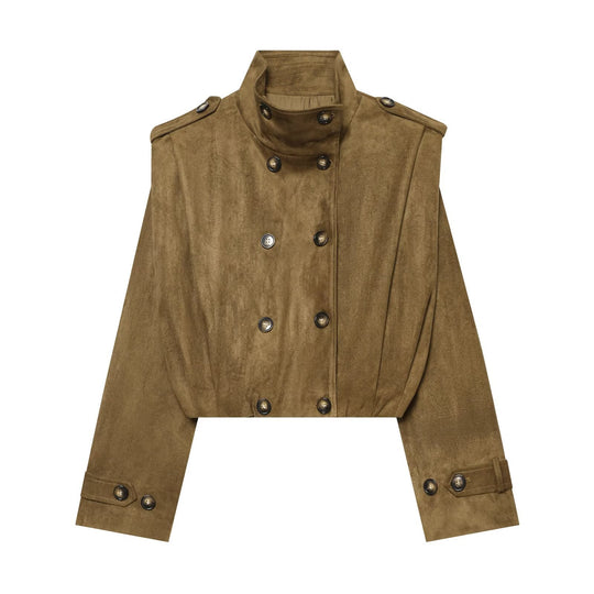 Damen Kurzgeschnittene doppelreihige Wildlederoptik‑Jacke mit Stehkragen und Schulterpatten Shop Nory