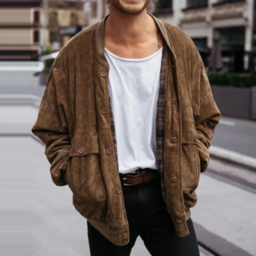 Herren Oversized Velourslederoptik Bomberjacke mit Karofutter und Knopfverschluss Shop Nory