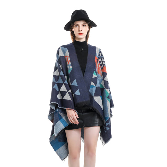 Damen Oversize-Ruana im Jacquard-Wickelstil mit dreieckigem Muster und Fransensaum Shop Nory