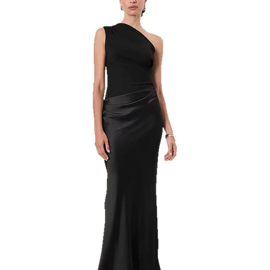Damen Elegantes Asymmetrisches Abendkleid mit schimmerndem Satin Shopnory