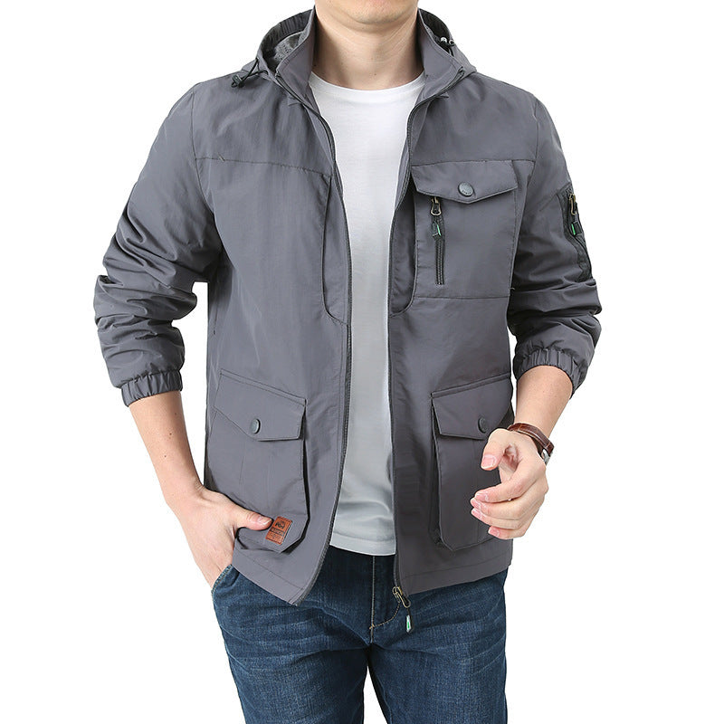 Herren wasserabweisende Kapuzen-Canvas-Fieldjacke mit verdecktem Zweiwege-Reißverschluss, elastischen Ärmelbündchen und Utility-Pattentaschen Shop Nory