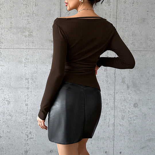 Damen asymmetrisches Langarm-Top mit Wasserfallausschnitt und feinem Schulterband Shop Nory