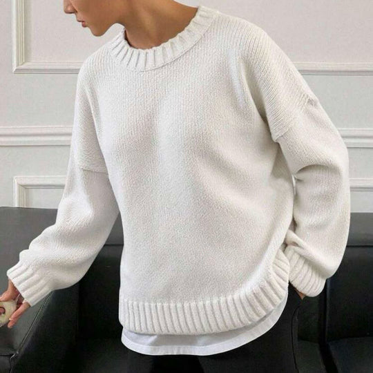 Damen Weit geschnittener Feinstrickpullover mit Rundhalsausschnitt und gerippten Bündchen Shop Nory