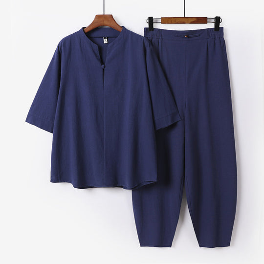 Herren Zweiteiliges Leichtes Leinen-Baumwoll-Set mit Mandarin-Kragen und elastischer Bundhose Shop Nory