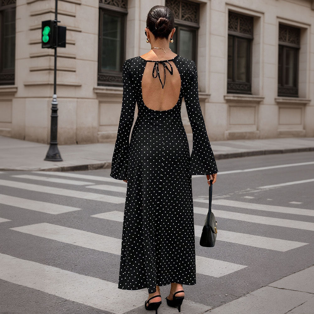 Damen elegantes Polka‑Dot Maxikleid mit tailliertem Oberteil, Trompetenärmeln und fließendem A‑Linien‑Rock Shop Nory