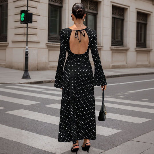 Damen elegantes Polka‑Dot Maxikleid mit tailliertem Oberteil, Trompetenärmeln und fließendem A‑Linien‑Rock Shop Nory