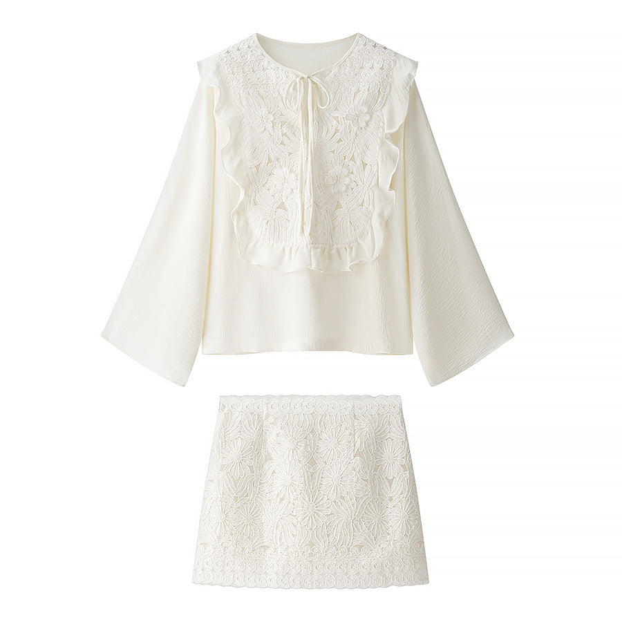 Damen Bestickte Volantbluse mit weitem Trompetenärmel und Bindekragen Shop Nory